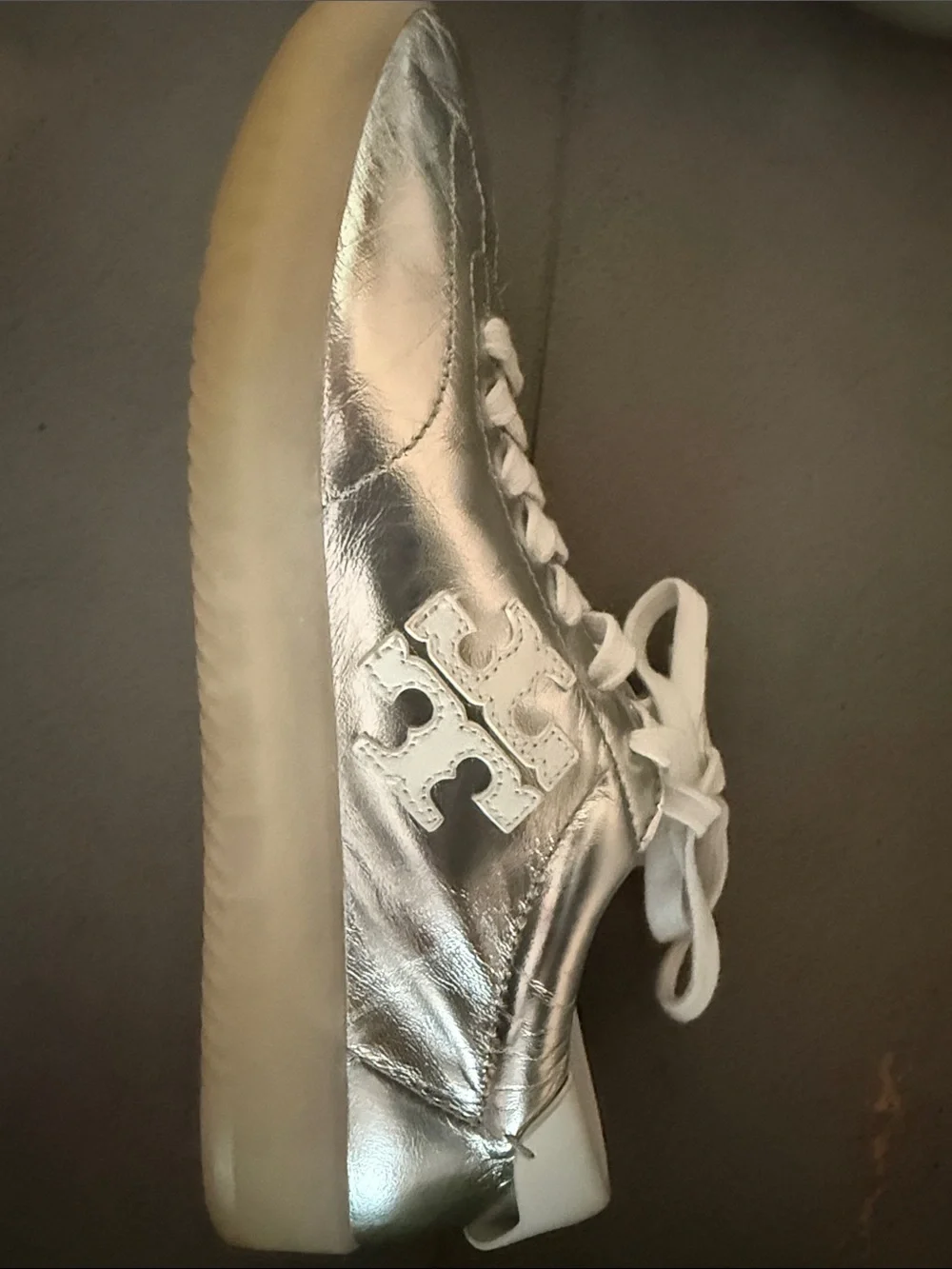 Tory Burch Silver Metallic Leather Lace-Up Sneakers